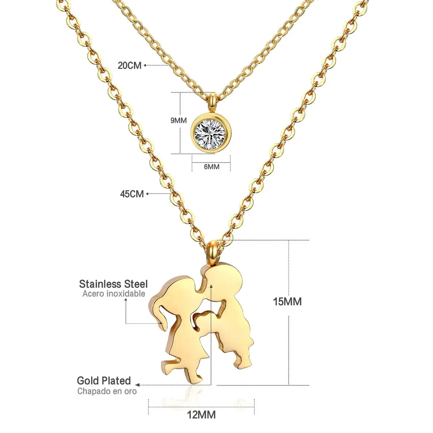 Double Layer Chain Pendants Necklaces For Women Girls Gold Color Silver Tone Stainless Steel CZ Crystal Round Choker asonjewelry