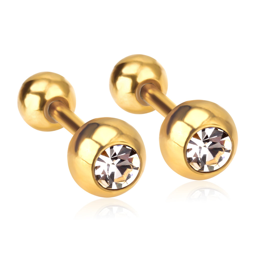 ASON Surgical Round Shape Cubic Zirconia Screw Stud Earrings Gold Color Stainless Steel for Kid/Women/Girl Jewelry Priecing