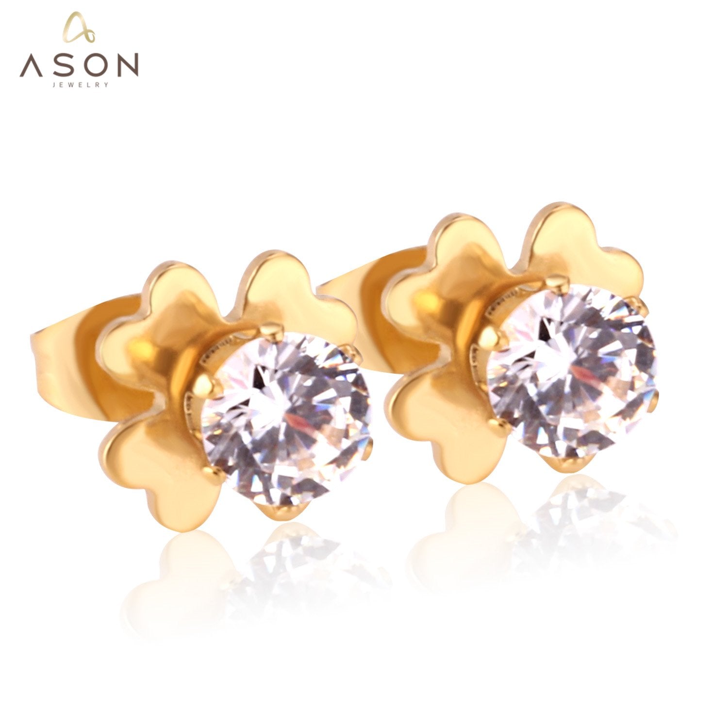 ASON Flower Shape Round AAA CZ Earring Stainless Steel Push Back Stud Earrings Female Brinco Party Wholesale 2022 New Style asonjewelry