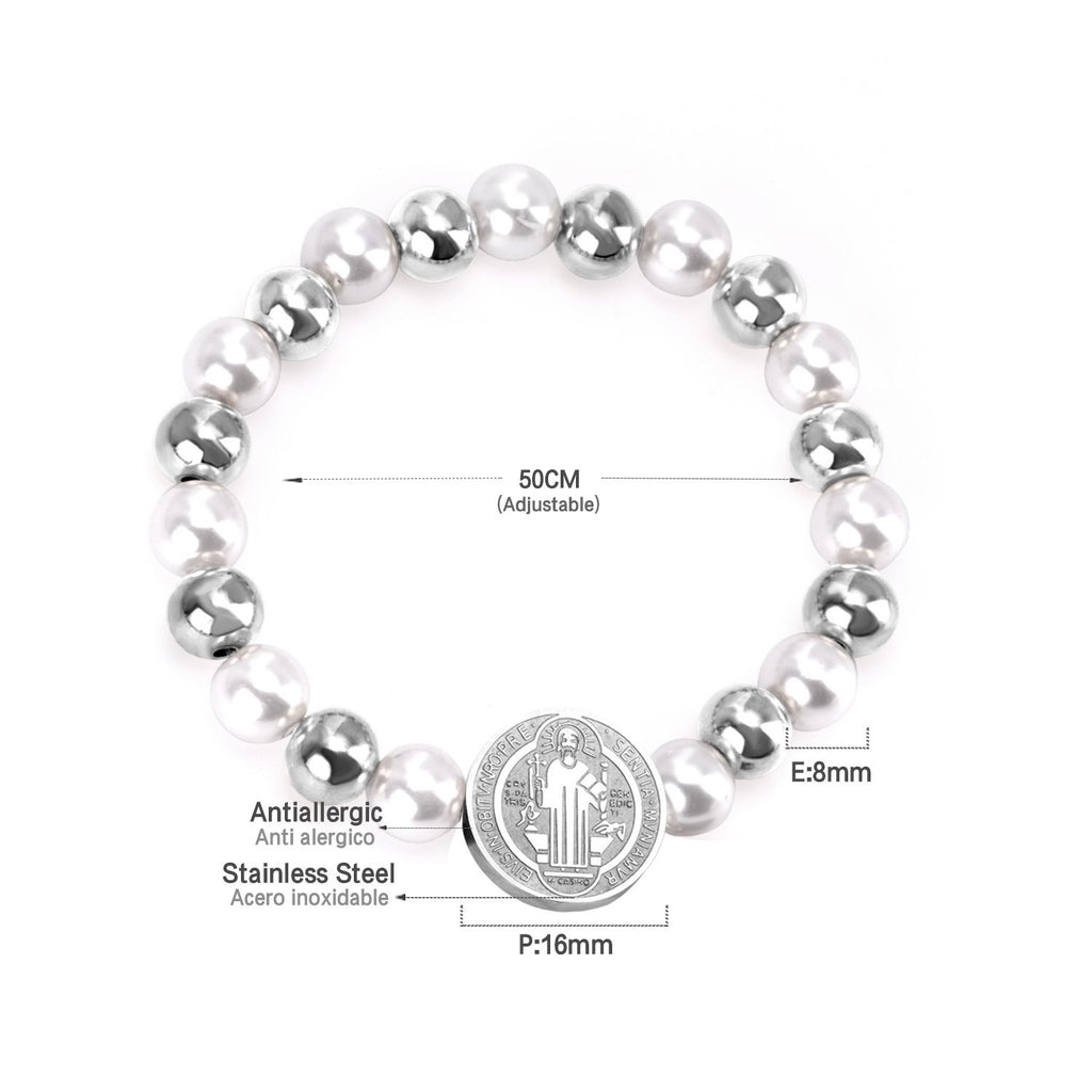 ASON Pulseras Ball Beaded Bracelets With Imitation Pearl Gold Color Stainless Steel Round Jesu Pendants Women Bangle