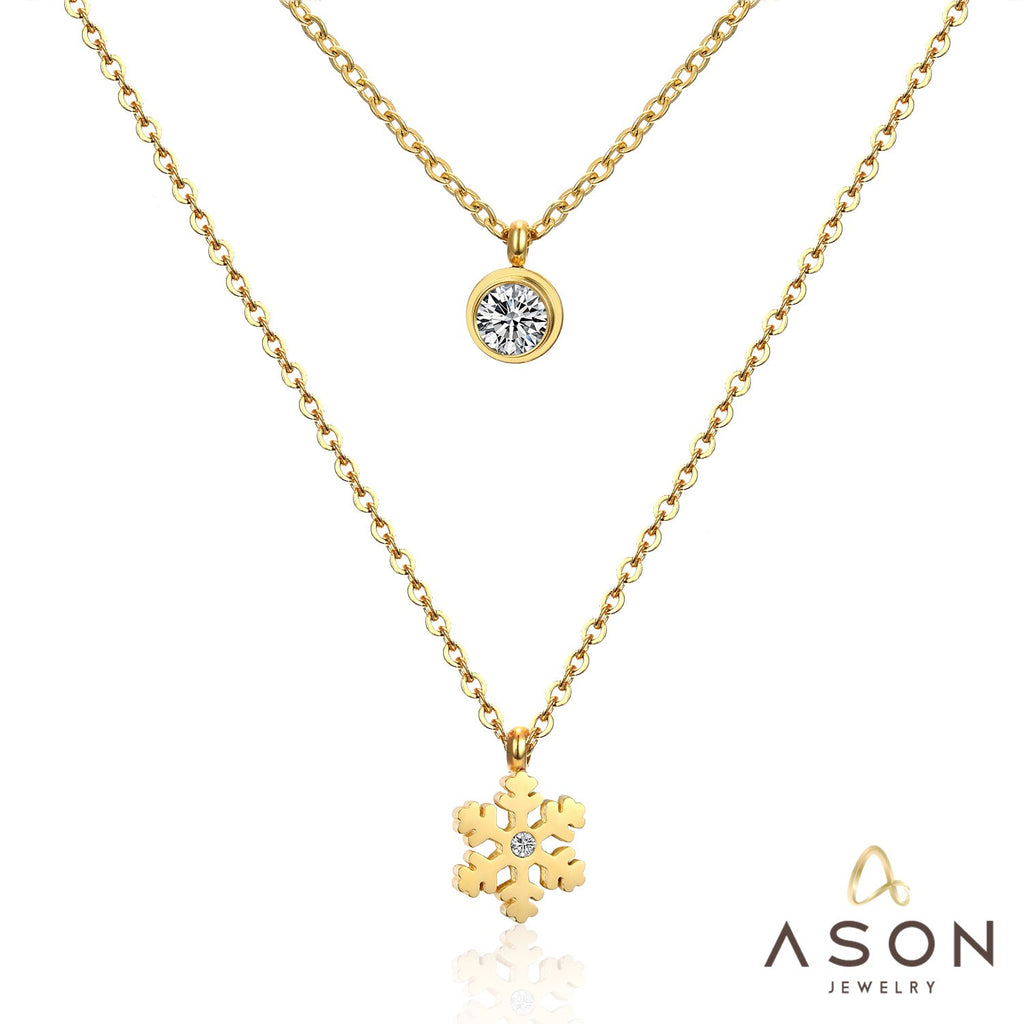 ASON Snowflake Round Cubic Zirconia Pandents Double Chains Necklaces Gold Color Stainless Steel For Women Chokers Christmas