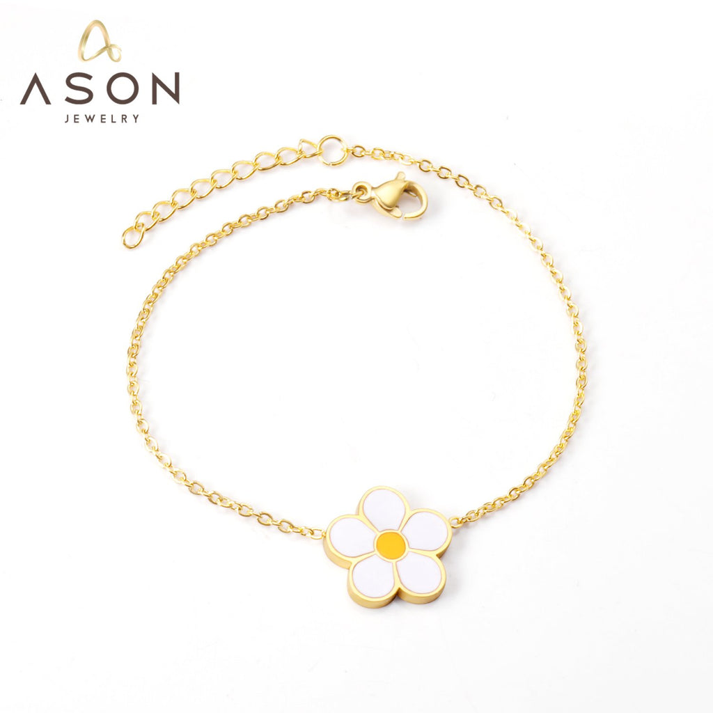 ASON-pulsera con colgante de flor blanca grande para mujer, brazalete de acero inoxidable 316L de 18cm + 3cm de longitud, accesorios de joyería