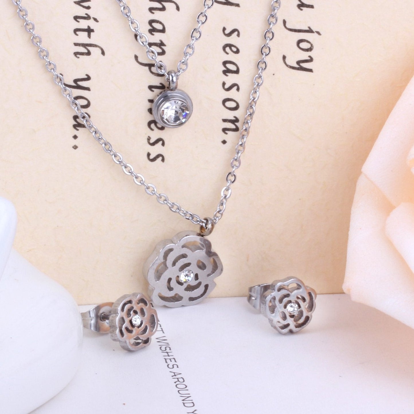 ASON Bridal Hollow Flower Pendant Necklace Small Stud Earrings Jewelry Set Gold Color for Women Stainless Steel For Women asonjewelry