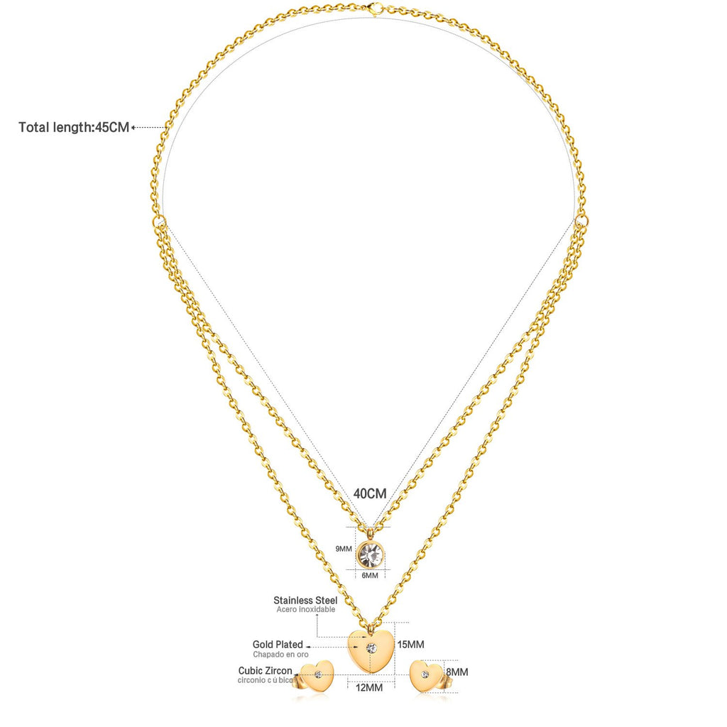 ASON 316L Stainless Steel Heart Love Gold Bridal Wedding Jewelry Set for Women Necklace Pendant Small Stud Earring