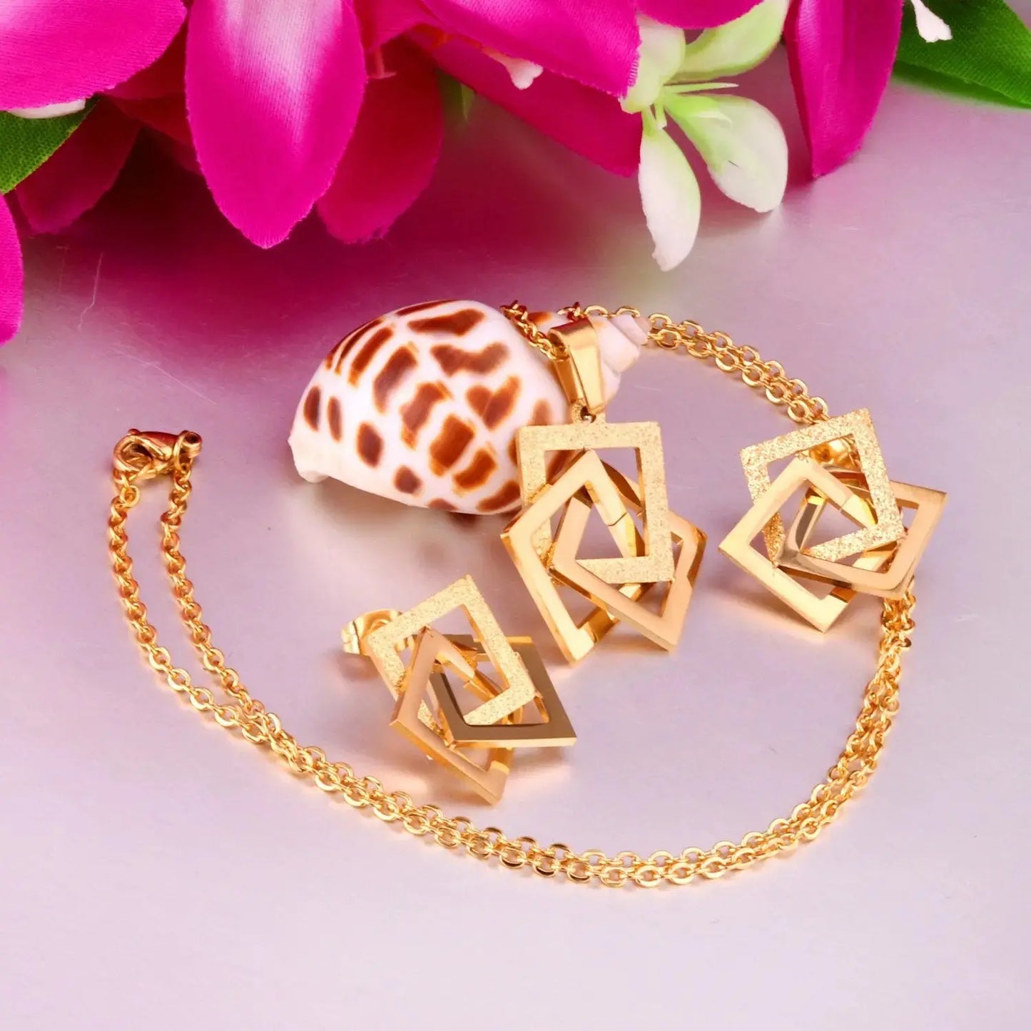 Square Shape Stainless Steel Gold/Silver Color Necklaces Earrings Sets For Women Party Jewelry Set pendientes mujer asonjewelry