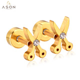 ASON Color dorado AAA CZ tijeras tornillo Piercing conjunto de pendientes para mujer joyería fresca pendiente de cristal de acero inoxidable