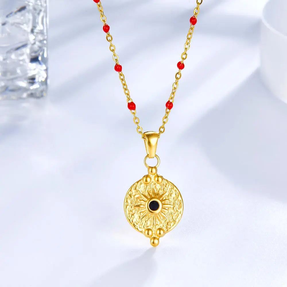 Red Beads Chain Bohemia Collier For Goth Choker For Woman Vintage Pendant Necklace Female Stainless Steel Jewelry asonjewelry