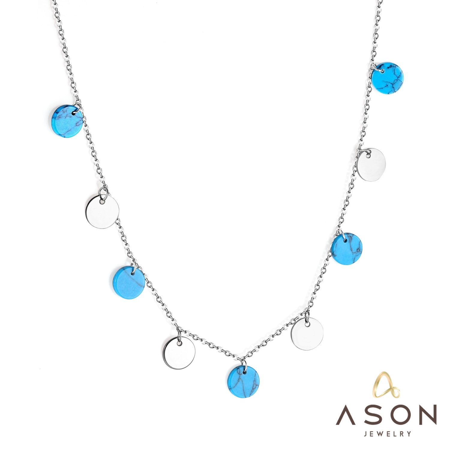 ASON 10mm Round Handmade Blue Stone Choker Collars Necklaces Stainless Steel Silver Color Chains Pendant Necklace Female asonjewelry