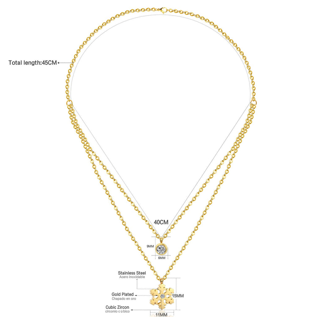 ASON Snowflake Round Cubic Zirconia Pandents Double Chains Necklaces Gold Color Stainless Steel For Women Chokers Christmas