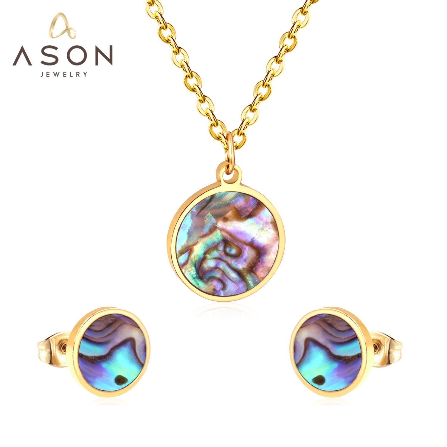 ASON Round Wedding Shell Carbon Fiber Jewelry Sets Pendant Necklace & Small Stud Earrings 316L Stainless Steel for Women asonjewelry