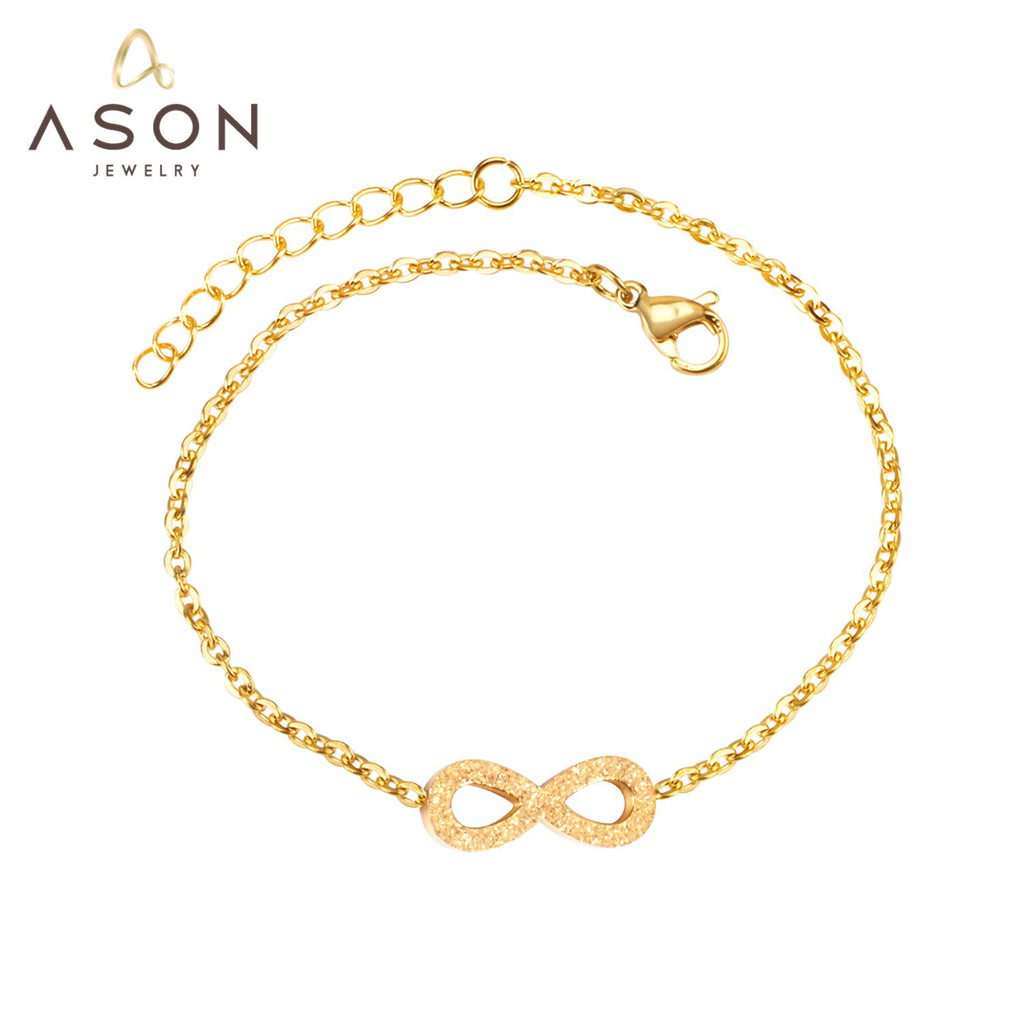 ASON Frosted Lucky Eight Number Shape Loop Link Chain Bracelets Gold Color Stainless Steel for Women Jewelry Extender