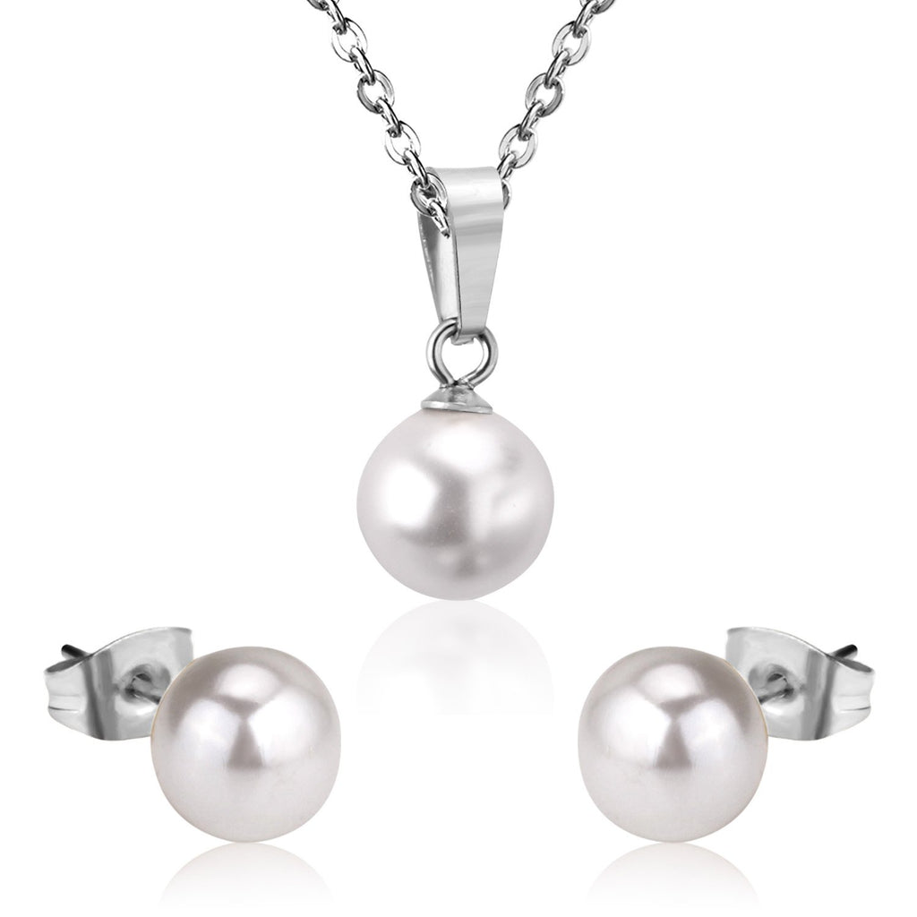 ASON 316L Stainless Steel Bridal Wedding Gold Imitation Pearl Jewelry Sets for Women Necklace Pendant Small Stud Earrings