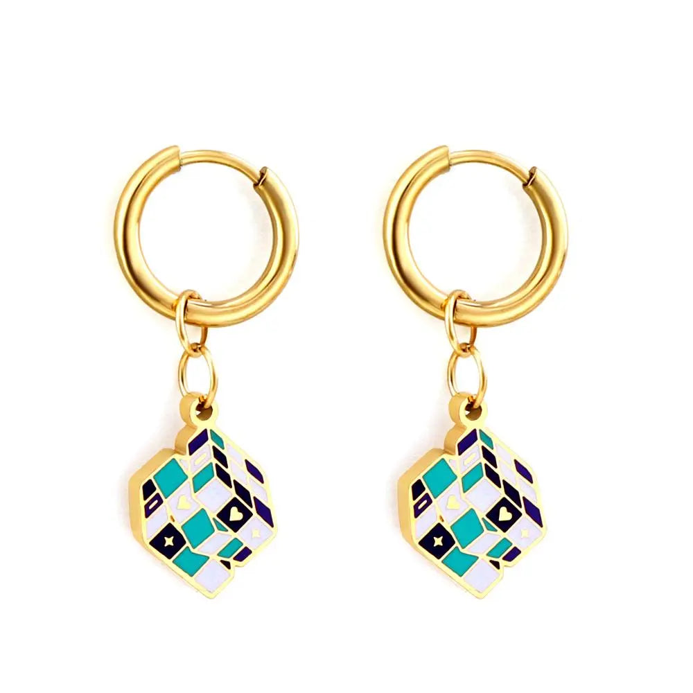 Magic Design Square Rubik's Cube Charms Pendient Earrings Stainless Steel Drop Jewelry On Ear aretes de mujer Gifts asonjewelry