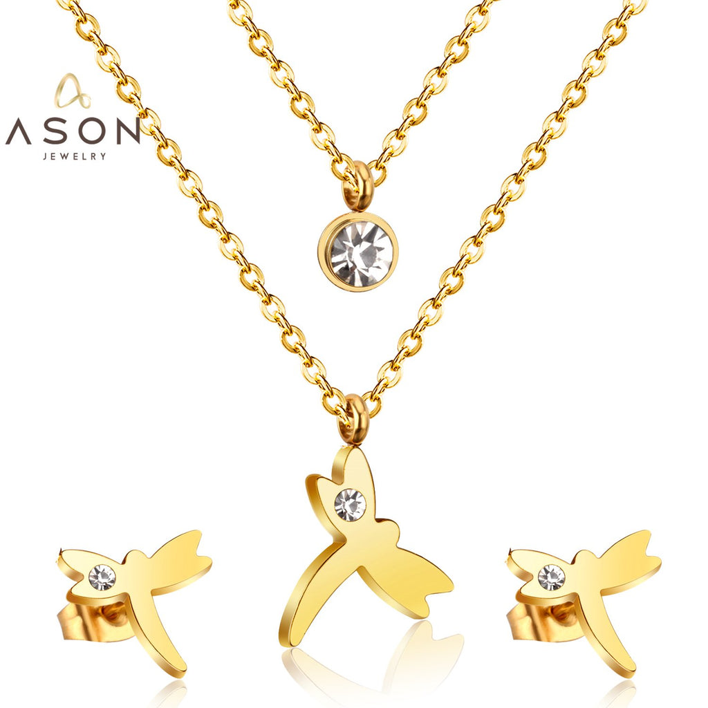 ASON Fashion 316L Stainless Steel Gold Bridal Wedding Jewelry Set for Women Dragonfly Necklace Pendant Small Stud Earring