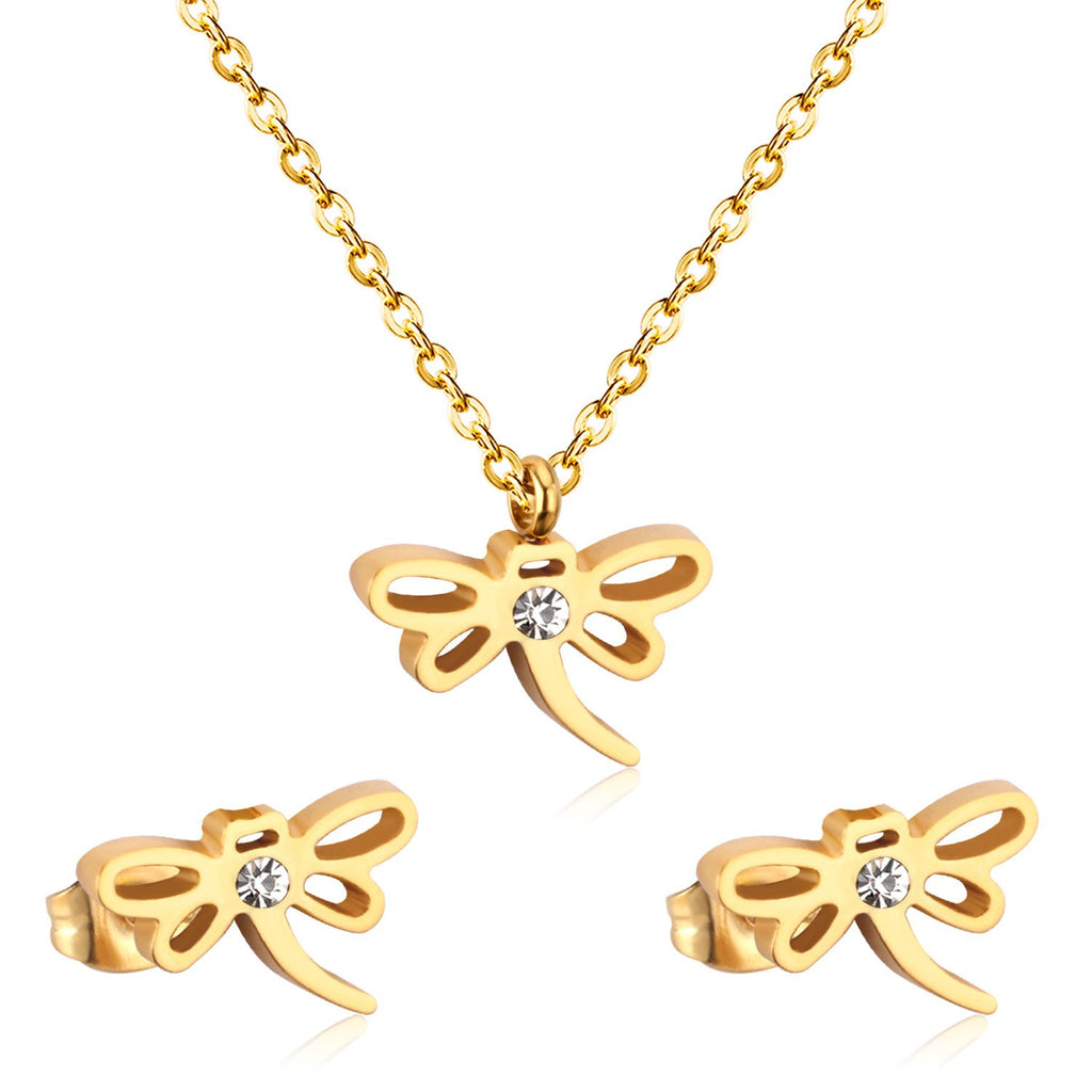 ASON Dragonfly Necklace Earrings Jewelry Set Stainless Steel Gold Color Animal Pendants Necklaces Statement Fashion Jewelry