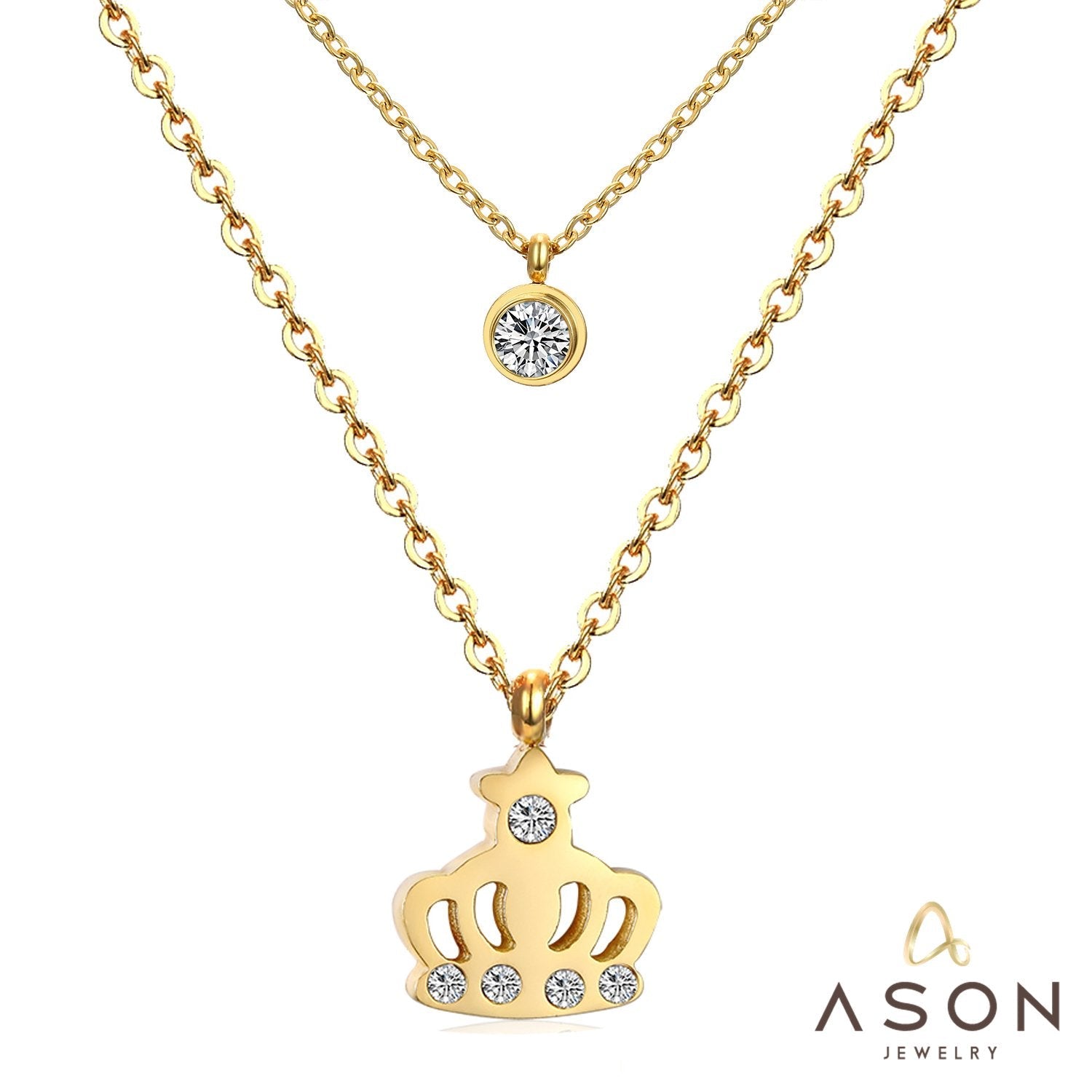 ASON Necklaces Stainless Steel Round Cubic Zirconia Pendant Necklaces Gold Color Double Chainlaces Party Gift Chokers asonjewelry