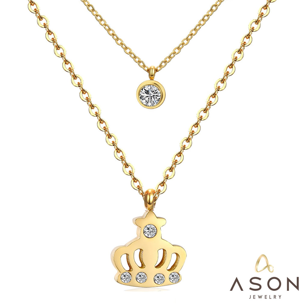 ASON  Necklaces Stainless Steel Round Cubic Zirconia Pendant Necklaces Gold Color Double Chainlaces Party Gift Chokers