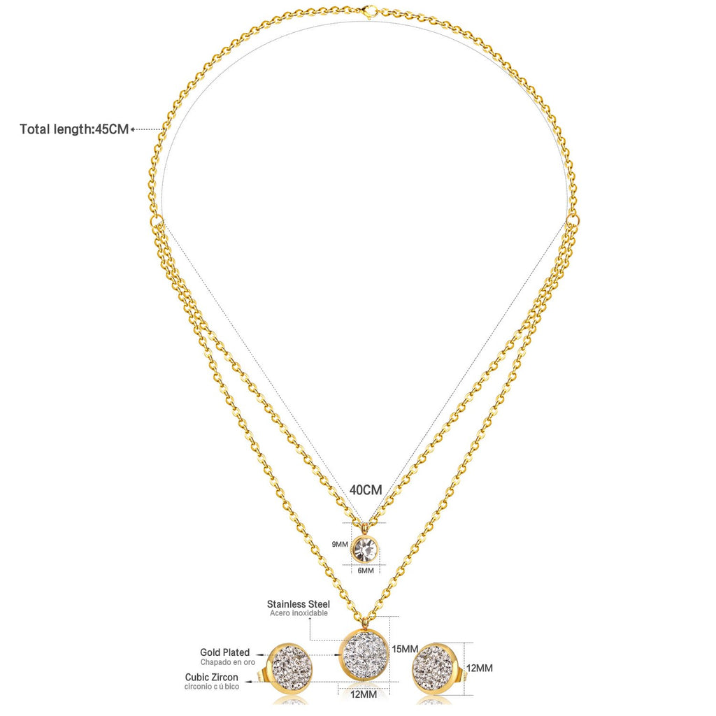 ASON Double Round Rolo Cuban Link Chains Jewelry Sets Stainless Steel Cubic Zirconia Pendant Necklace Earring Bijoux Party