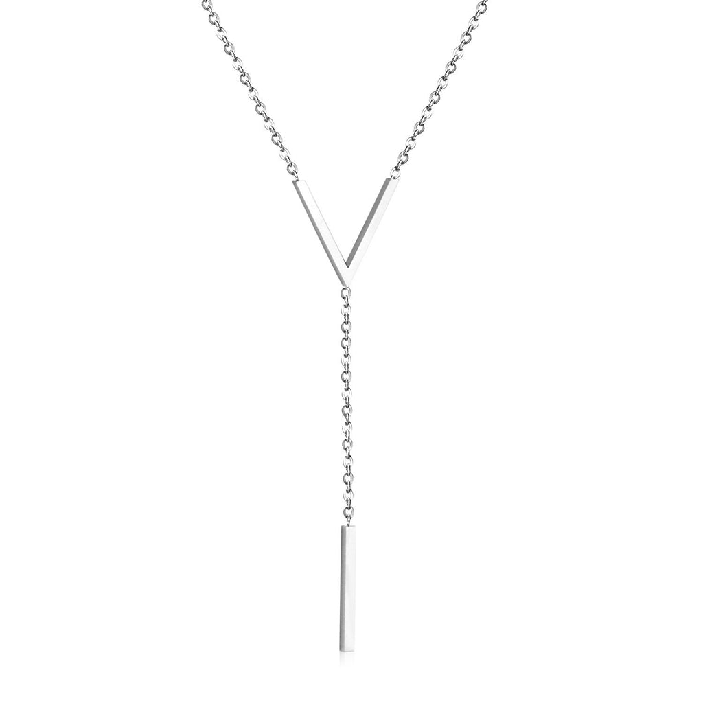 ASON Gold Color Stainless Steel  Choker Letter V Link Chain Cuboid Pendant Necklaces For Women Fashion Jewelry Wholesale