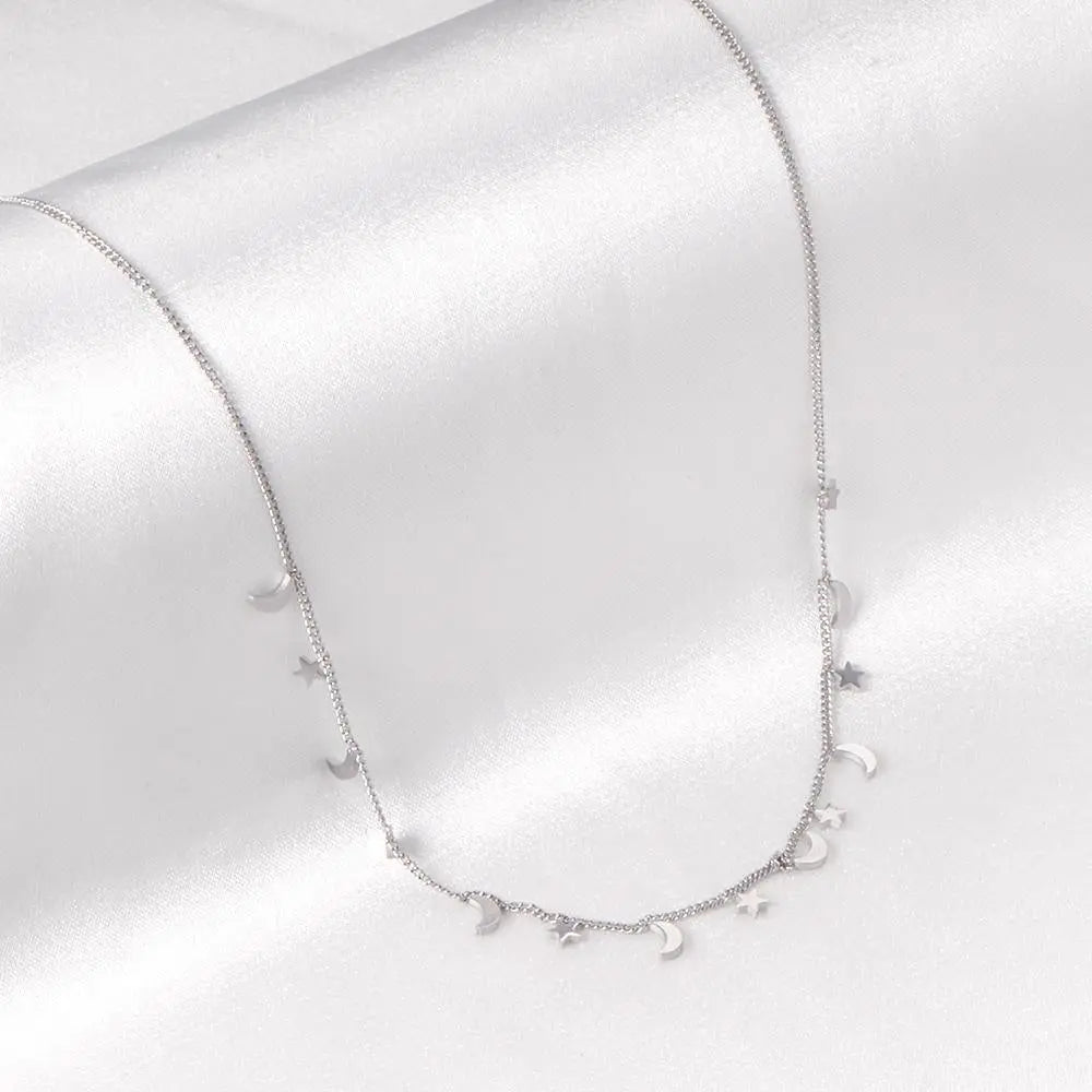 New Arrival Steel Color Moon And Star Pendant Necklace Female Jewelry Chains Necklaces Party Jewlley bijoux femme asonjewelry
