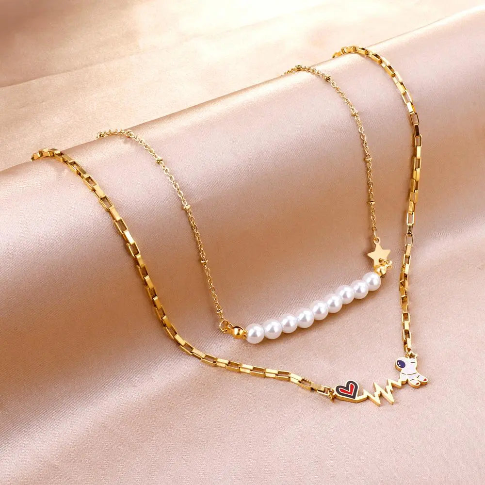 Imitation Pearl Double Layered Necklace With Cute Astronaut Heart Star Charms Box Chian Double Pendant Necklace asonjewelry