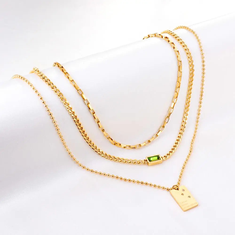 Green Square Shiny Zirconia Necklace Triple Multi-layer Square Pendant Necklace For Woman Mix Chains Thick Collier asonjewelry