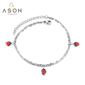 ASON – bracelet de cheville en forme d'insecte coccinelle, accessoires de couleurs mélangées, chaînes multicouches, couleur argent, en acier inoxydable, bijoux pour femmes et filles