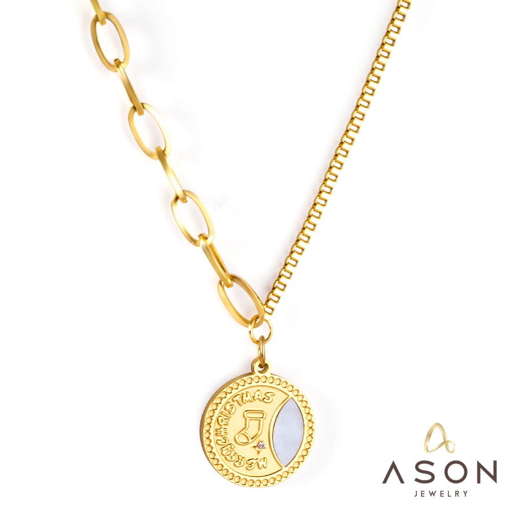 ASON Fashion Gold Color Stainless Steel Christmas Pattern Pendant Necklace with Shell for Women Men Jewelry Gift Accessory asonjewelry