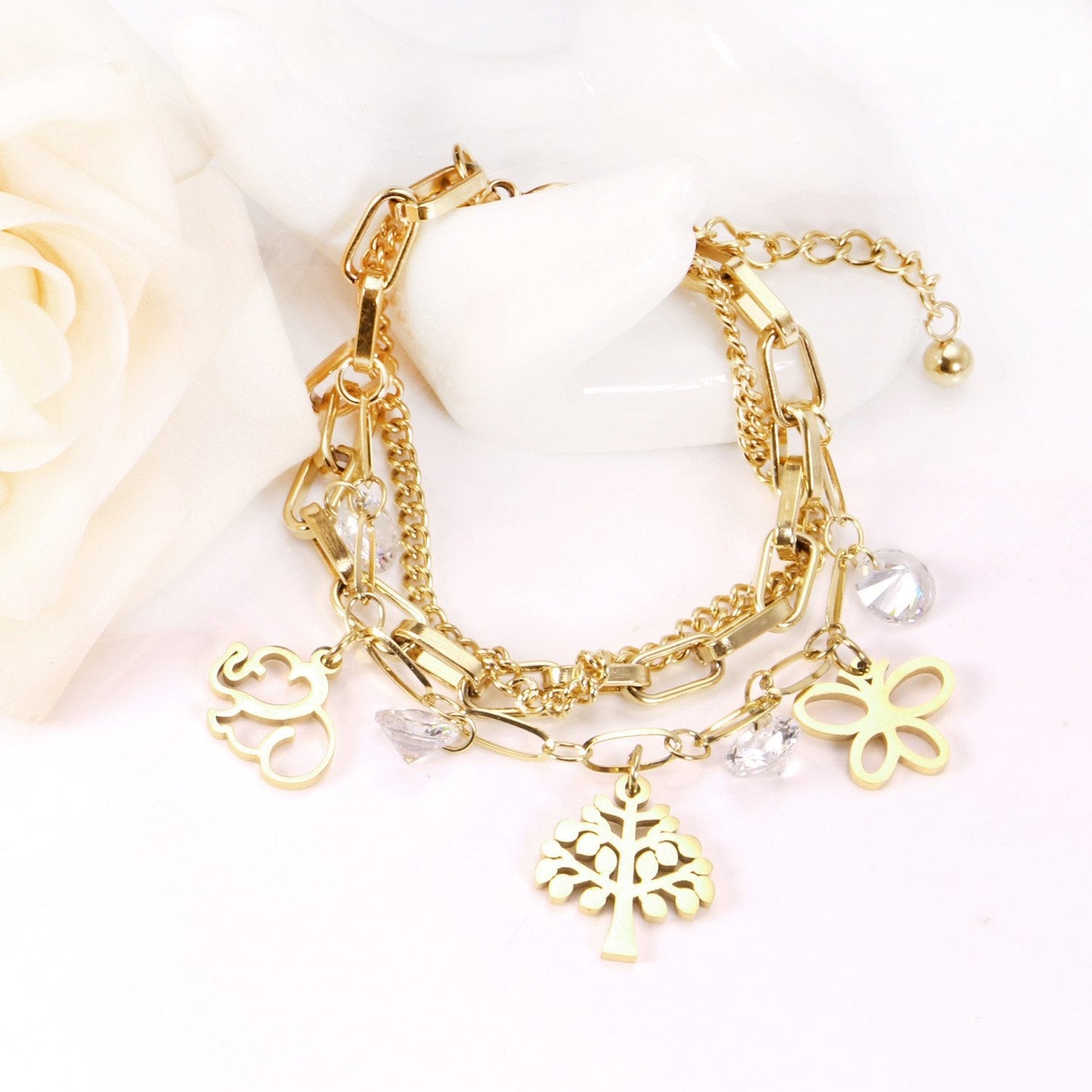 ASON Unique Extender Link Chain Bracelets Stainless Steel Gold Color Tree With Round Cubic Zirconia Adjustable Bracelets asonjewelry