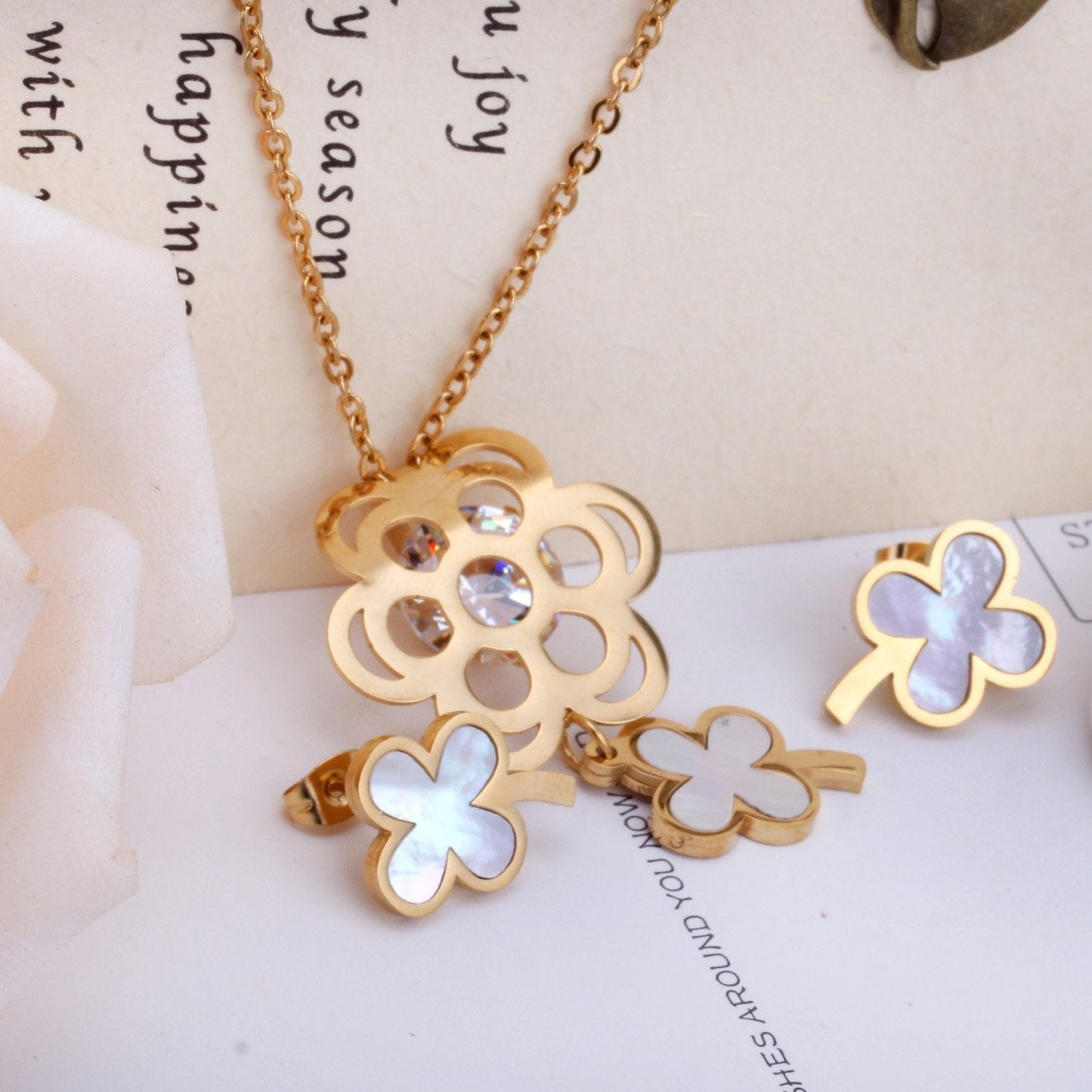 ASON Flower Shell Stainless Steel Gold Wedding Jewelry Sets for Women Cubic Zirconia Necklace Pendant Small Stud Earring asonjewelry