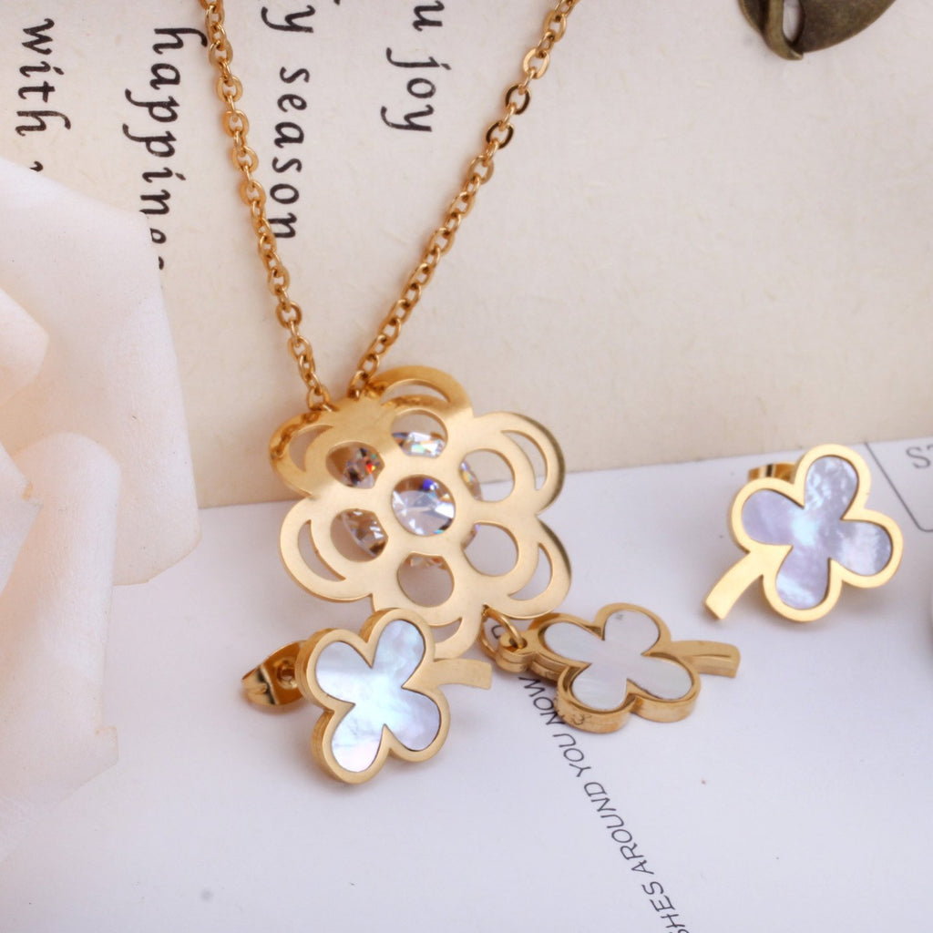 ASON Flower Shell Stainless Steel Gold Wedding Jewelry Sets for Women Cubic Zirconia Necklace Pendant Small Stud Earring