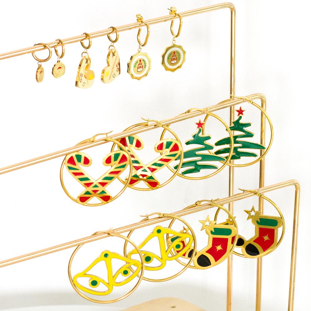 Grand cercle de père noël, boucles d'oreilles pour noël, mignon arbre de noël, cannes, clochette, boucles d'oreilles breloques, tendance