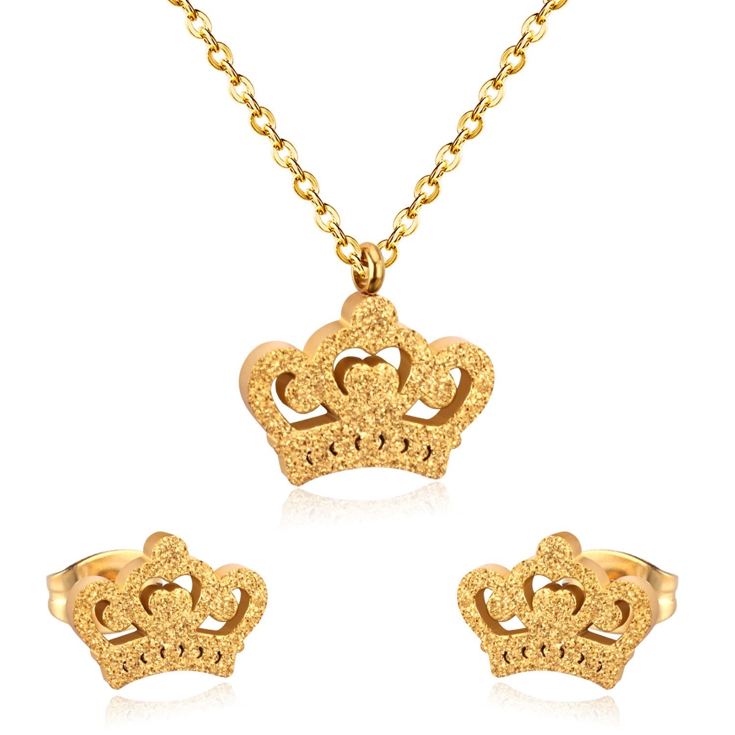 ASON Simple Style Crown Shape Frosted Gold Color Necklace Earrings Stainless Steel for Women Fashion Jewelry Sets Party asonjewelry