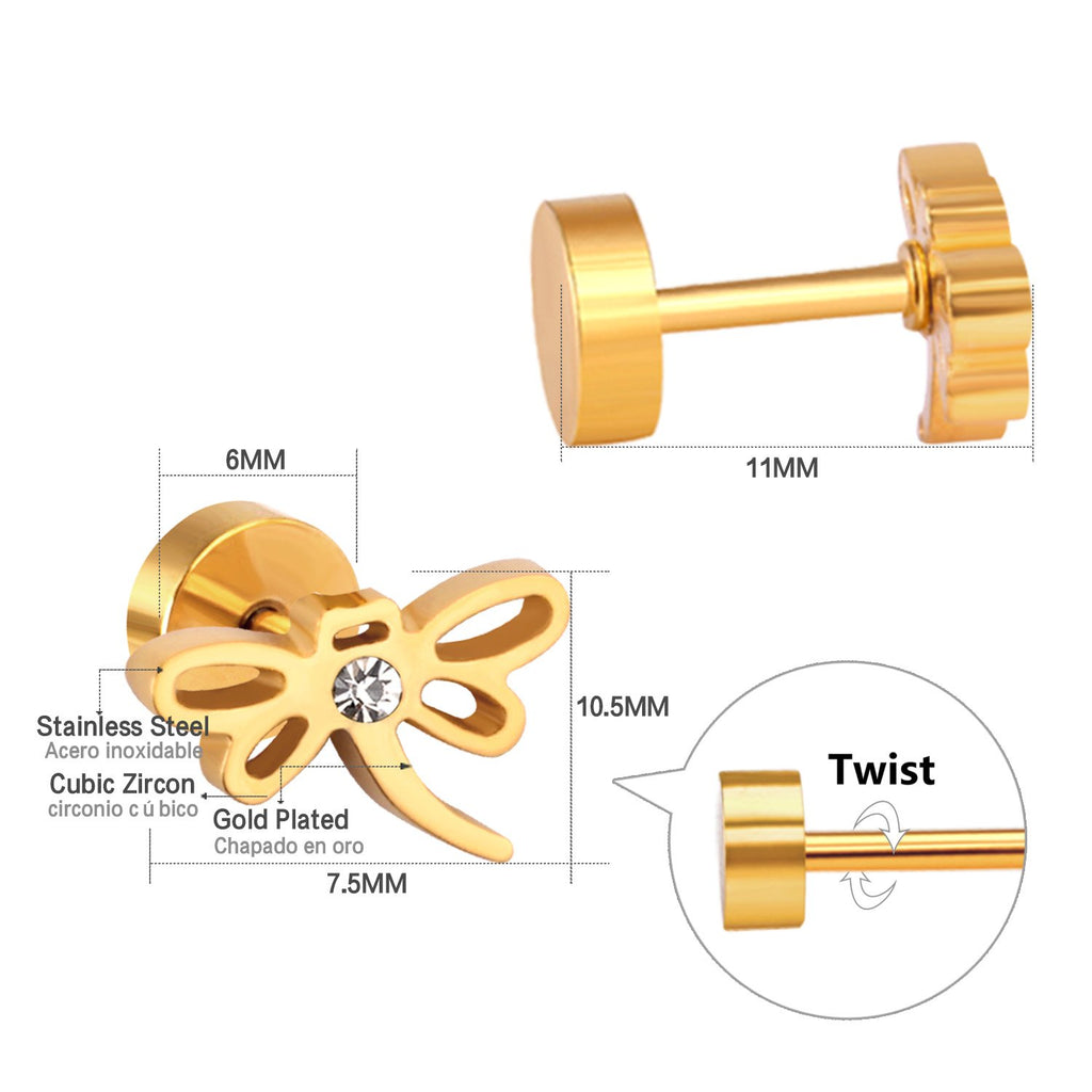 ASON-pendiente con tuerca de circonia cúbica y libélula de acero inoxidable, estilo clásico, Color dorado, pendiente de Navidad para fiesta femenina