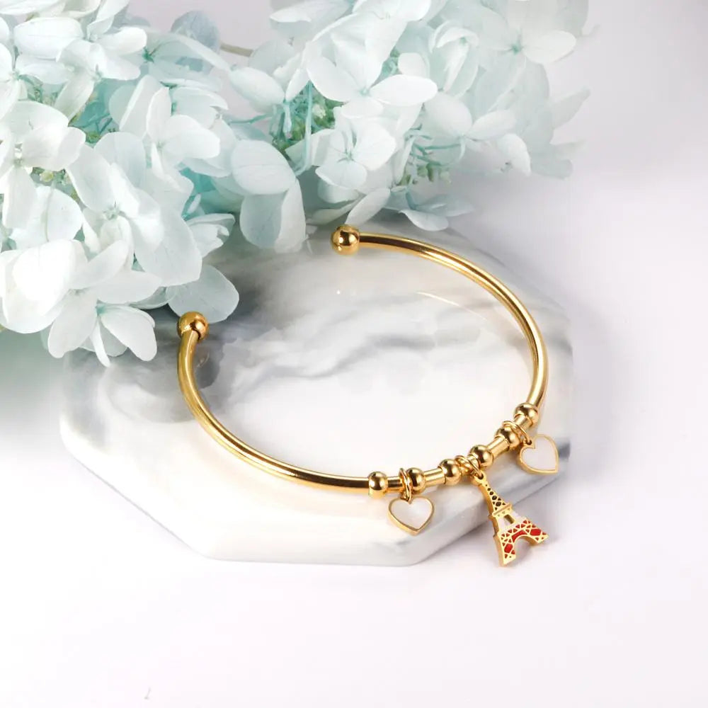 French Style Women Eiffel Tower Jewelry On Hand Cute Heart Charms Cuff Bracelets For Girls Gifts Bracelet Femme asonjewelry