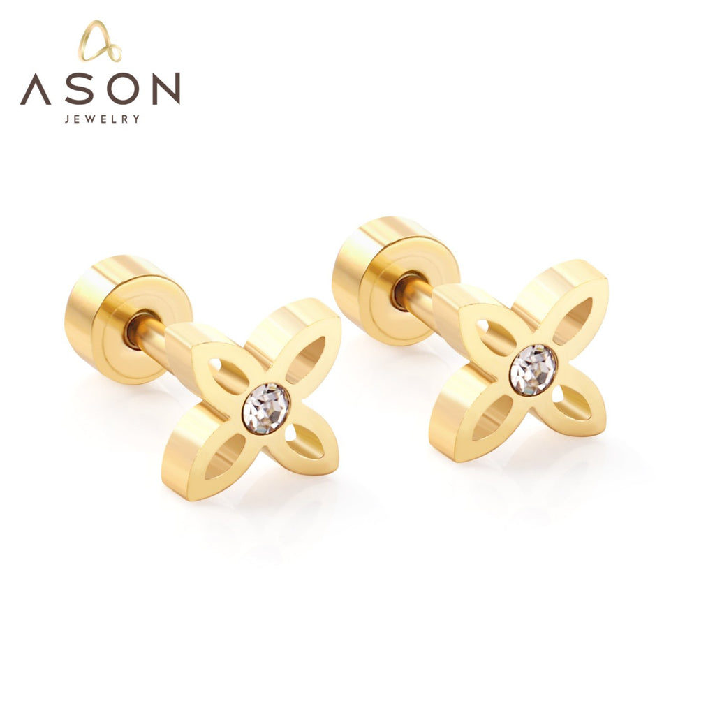 ASON pendiente de flor de moda, pendiente de tuerca de circonia cúbica para mujer, accesorios de joyería de acero inoxidable de Color dorado