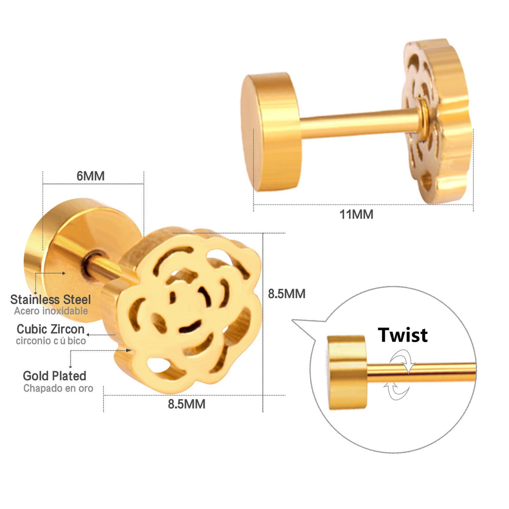 ASON-pendientes de tuerca con forma de flor para mujer, Piercing de estilo romántico, Circonia cúbica, Color dorado, acero inoxidable, joyería hueca para fiesta