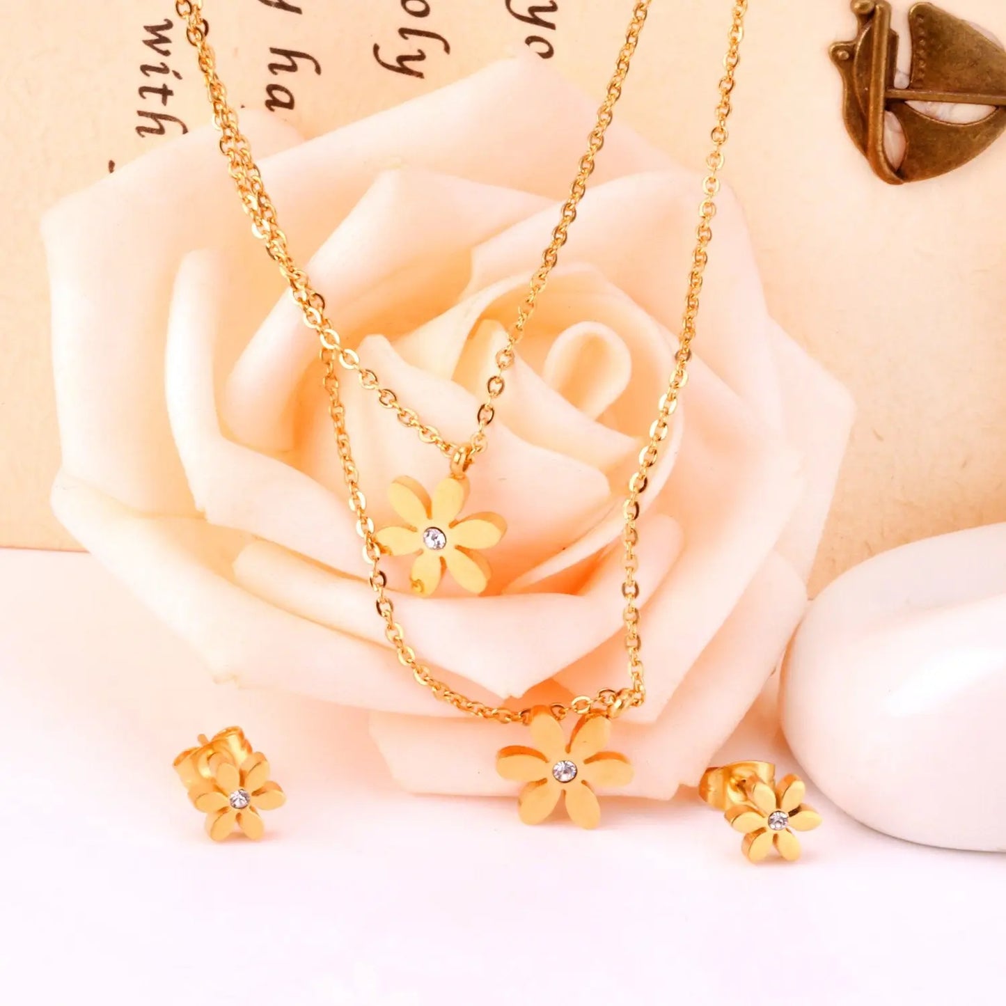 New Gold Flower Shape Stainless Steel Double Necklaces Earrings Sets For Female Trendy Jewellry Sets bijoux femme asonjewelry