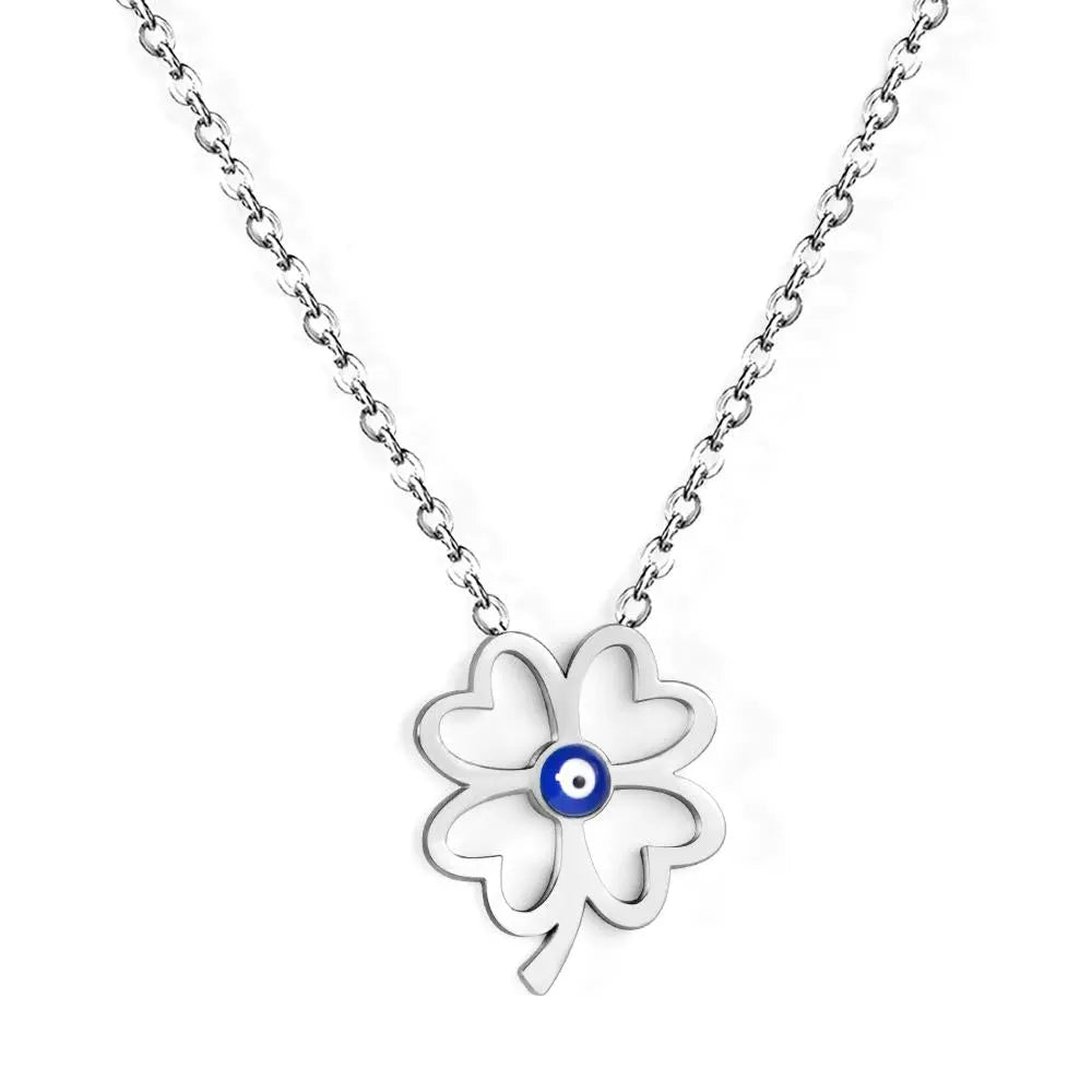 Hollow Out Four Leaf Clover Pendant Necklaces Blue Cat Eyes Stone For Friends Wishes Lucky Christmas Gifts Collier asonjewelry