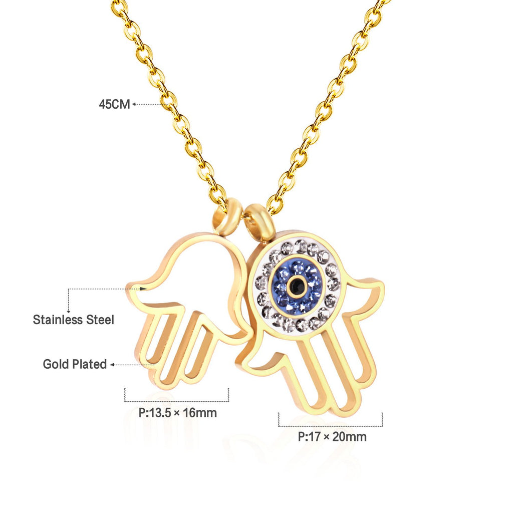 ASON Gold Necklaces Double Hand Pendant with Crystal Stainless Steel Pendants Link Chains Necklace Women/Men Party Daily