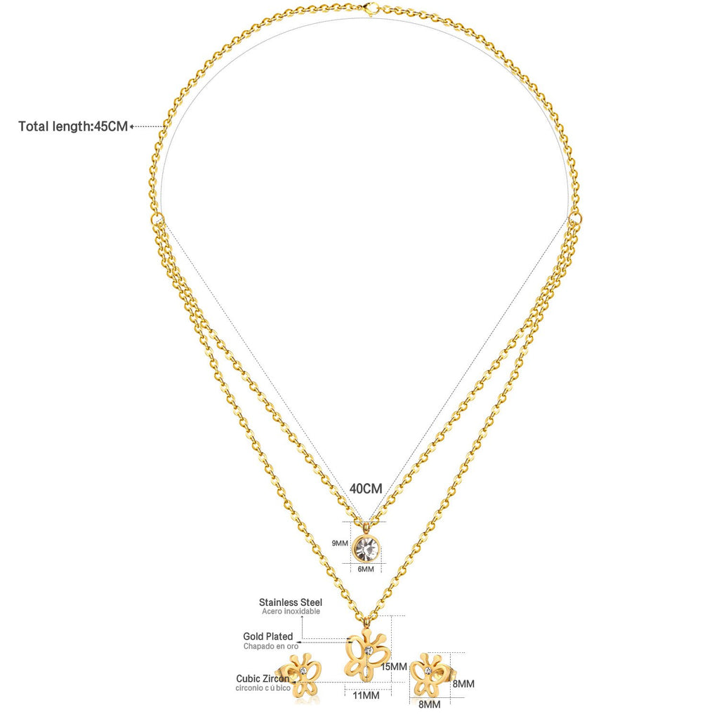 ASON Butterfly Double Set Necklace Pendant Small Stud Earring Wedding Jewelry Set for Women 316L Stainless Steel Sets