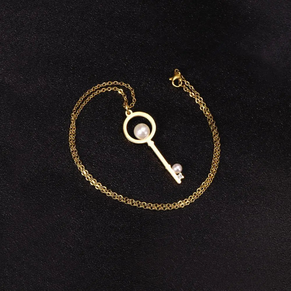 Fake Pearl Key Pendant Necklace For Men Women Jewelry Stainless Steel Necklaces Collars Collier Accoessries mujer asonjewelry