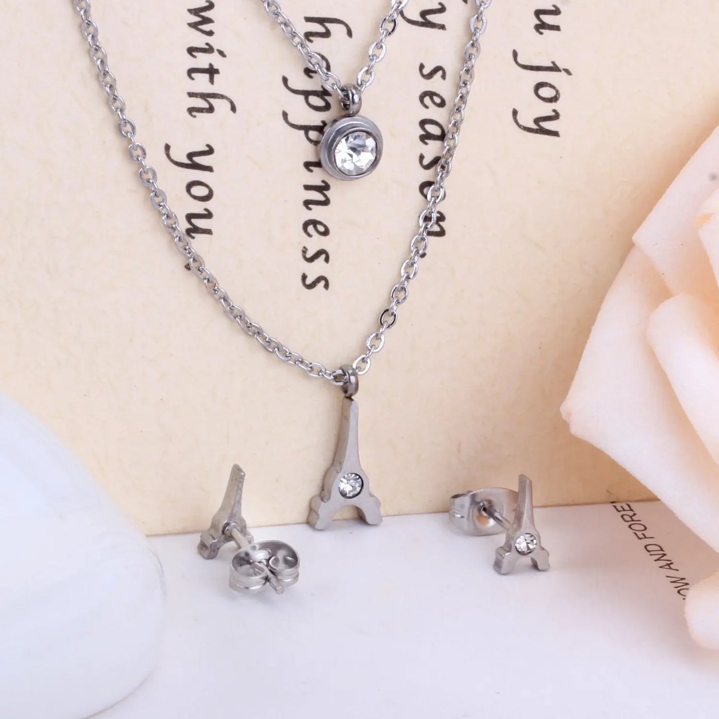Brand New Stainless Steel Eiffel Tower Pendants Round Crystal Double Necklace Earrings For Women Dubai Jewelry Set asonjewelry
