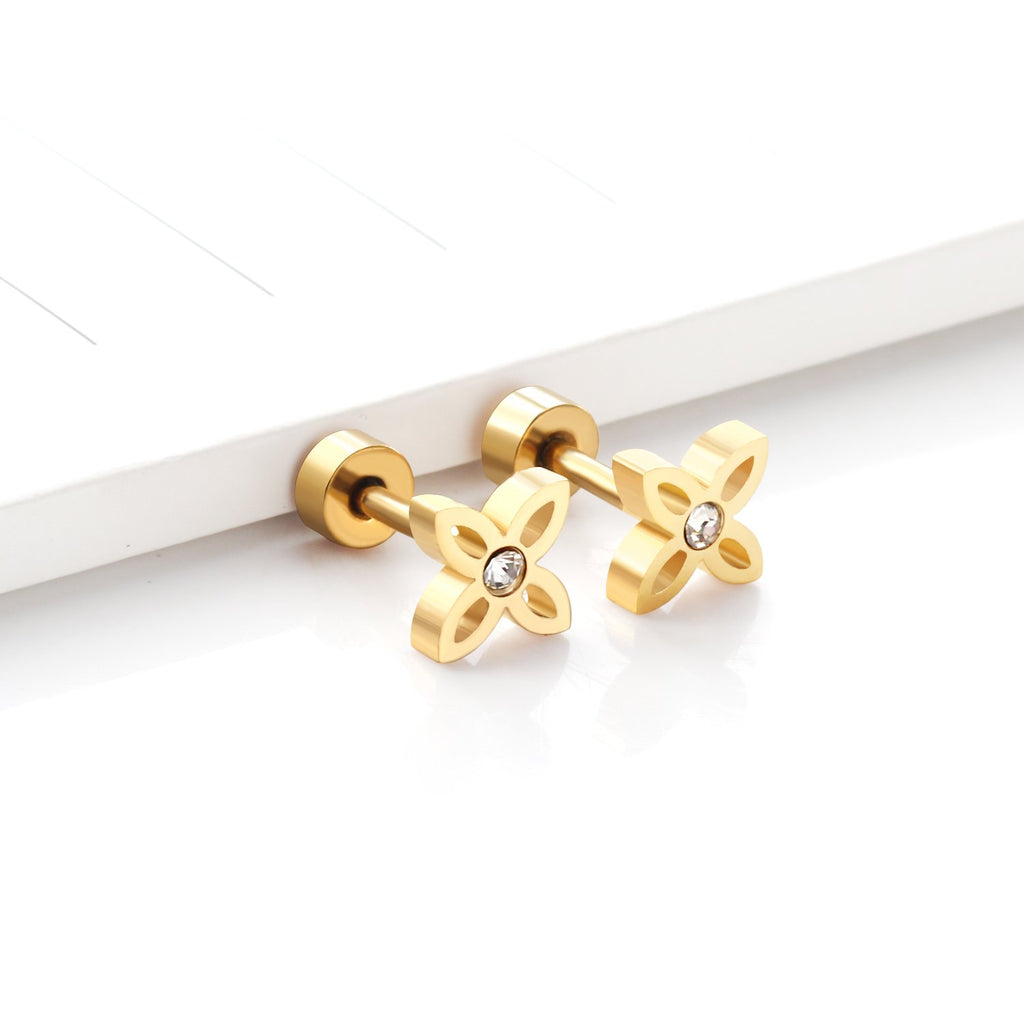 ASON pendiente de flor de moda, pendiente de tuerca de circonia cúbica para mujer, accesorios de joyería de acero inoxidable de Color dorado