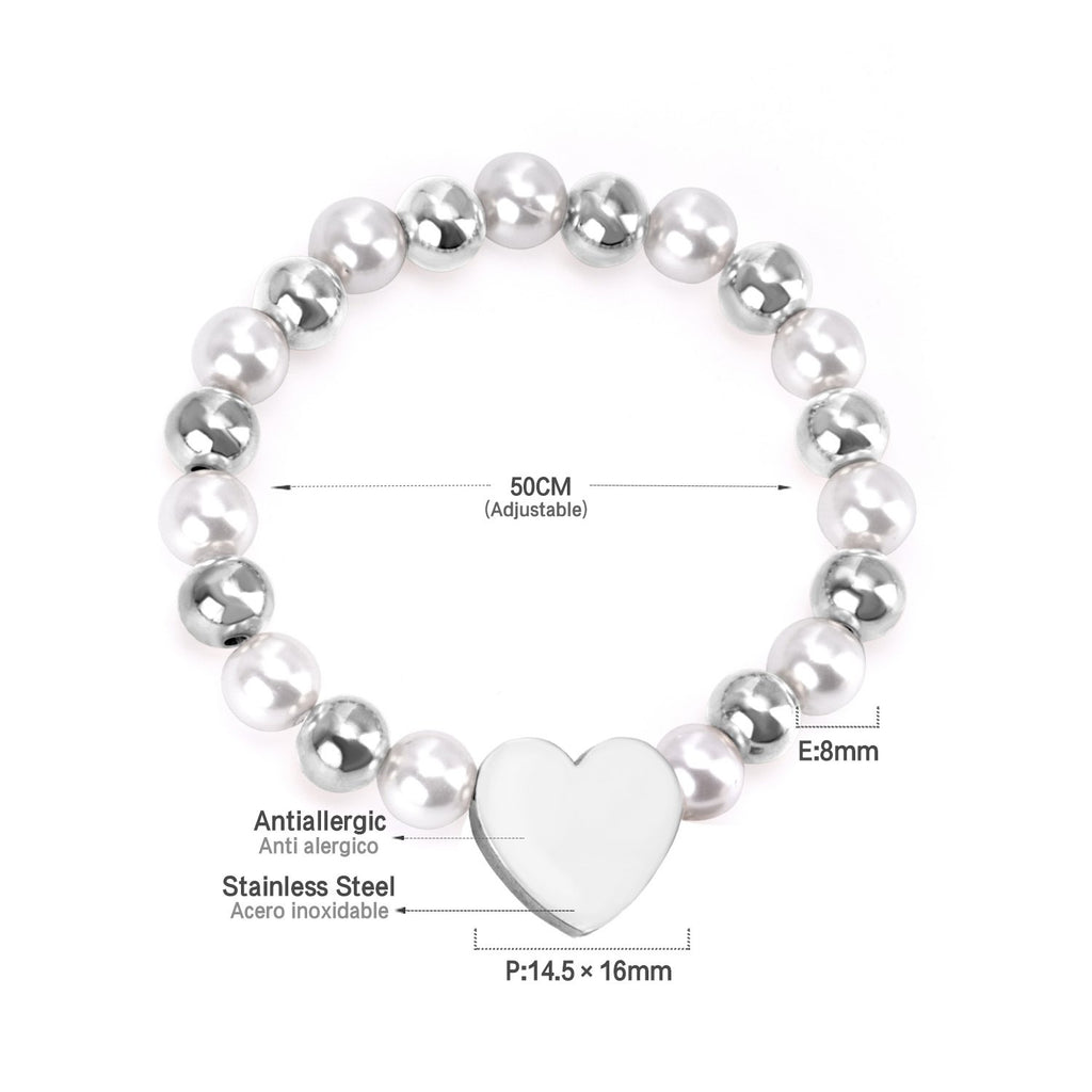 ASON Heart Shape Pendant 8mm Ball Beaded With Imitation Pearl Chain Bracelets Gold Color Stainless Steel For Women Jewelry
