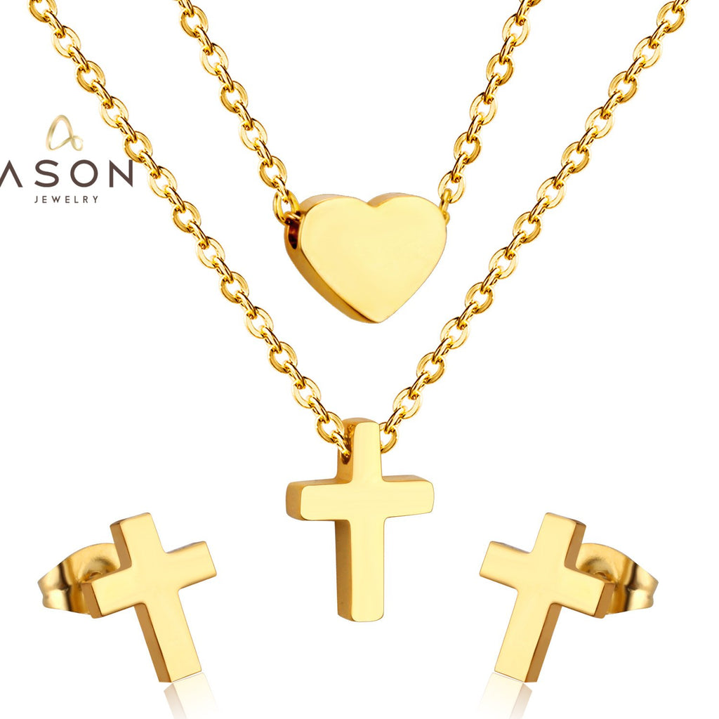 ASON Jewelry Sets for Party Stainless Steel Double Chains Necklace Gold Color Cross Piercing Stud Earring Fashion Jewelry