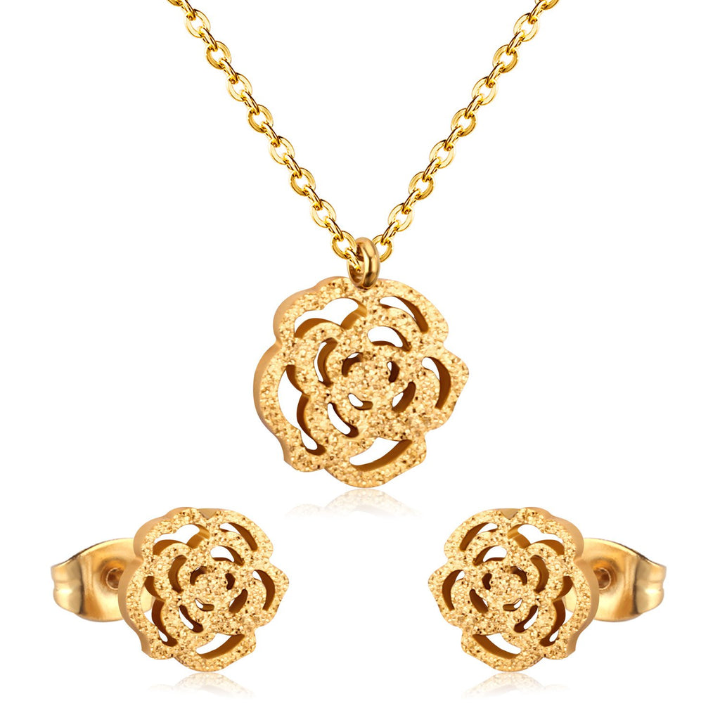 ASON Romantic Flower Shape Pendants Chain Necklace Piercing Stud Earrings Jewelry Sets Stainless Steel Gold Color For Women