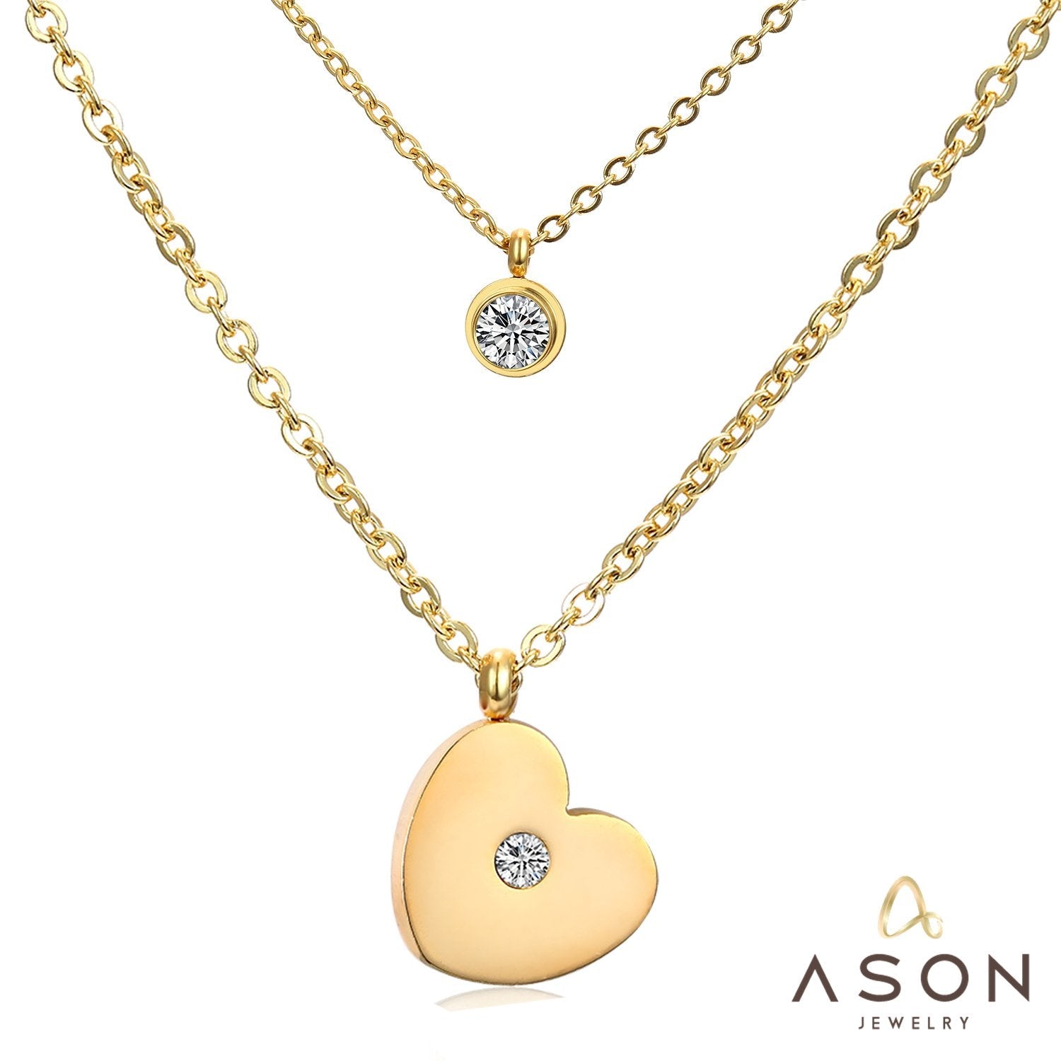 ASON Heart Shape Pendant Necklaces Gold Color Stainless Steel Multi-layer Chains Round Cubic Zirconia Choker For Women asonjewelry