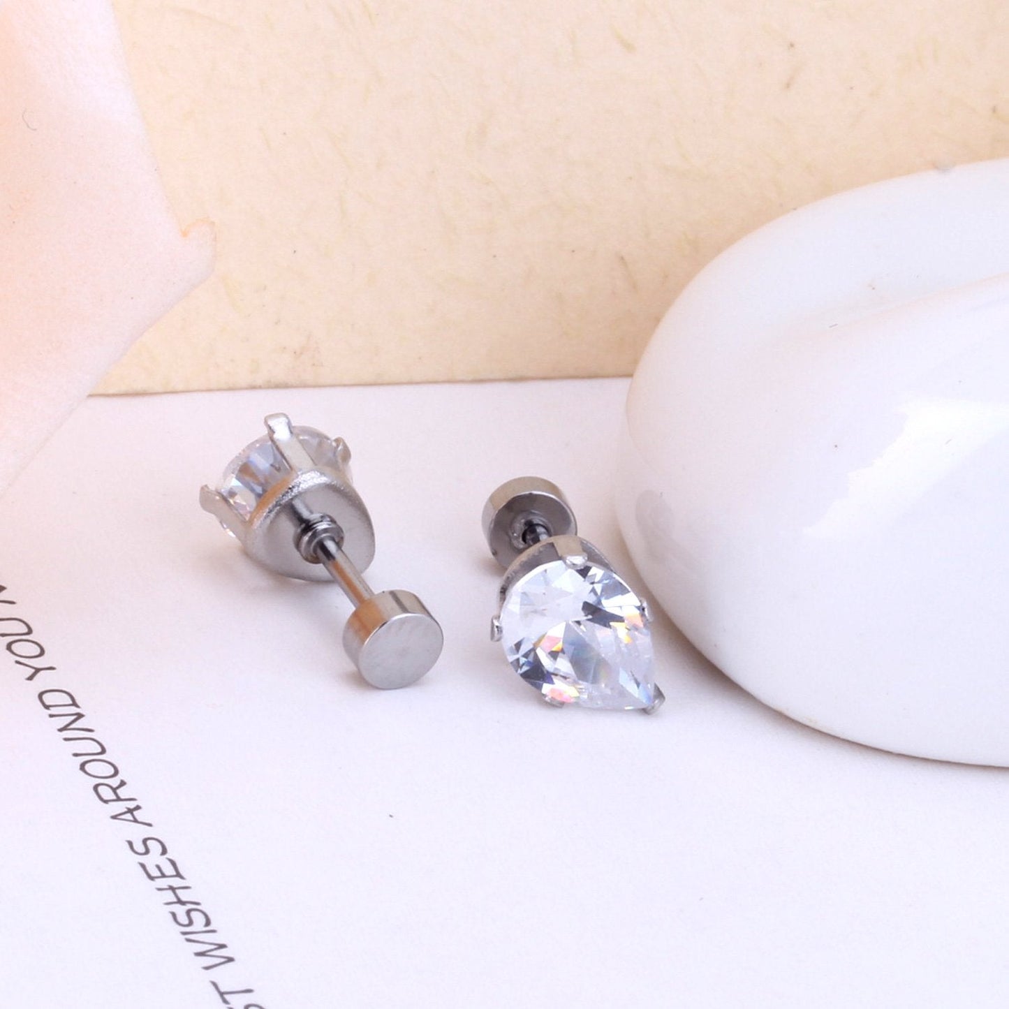 ASON 6mm Water Drop Cubic Zirconia Screw Piercing Stud Earring for Women Gold Color Stainless Steel Earring Fashion Jewelry asonjewelry