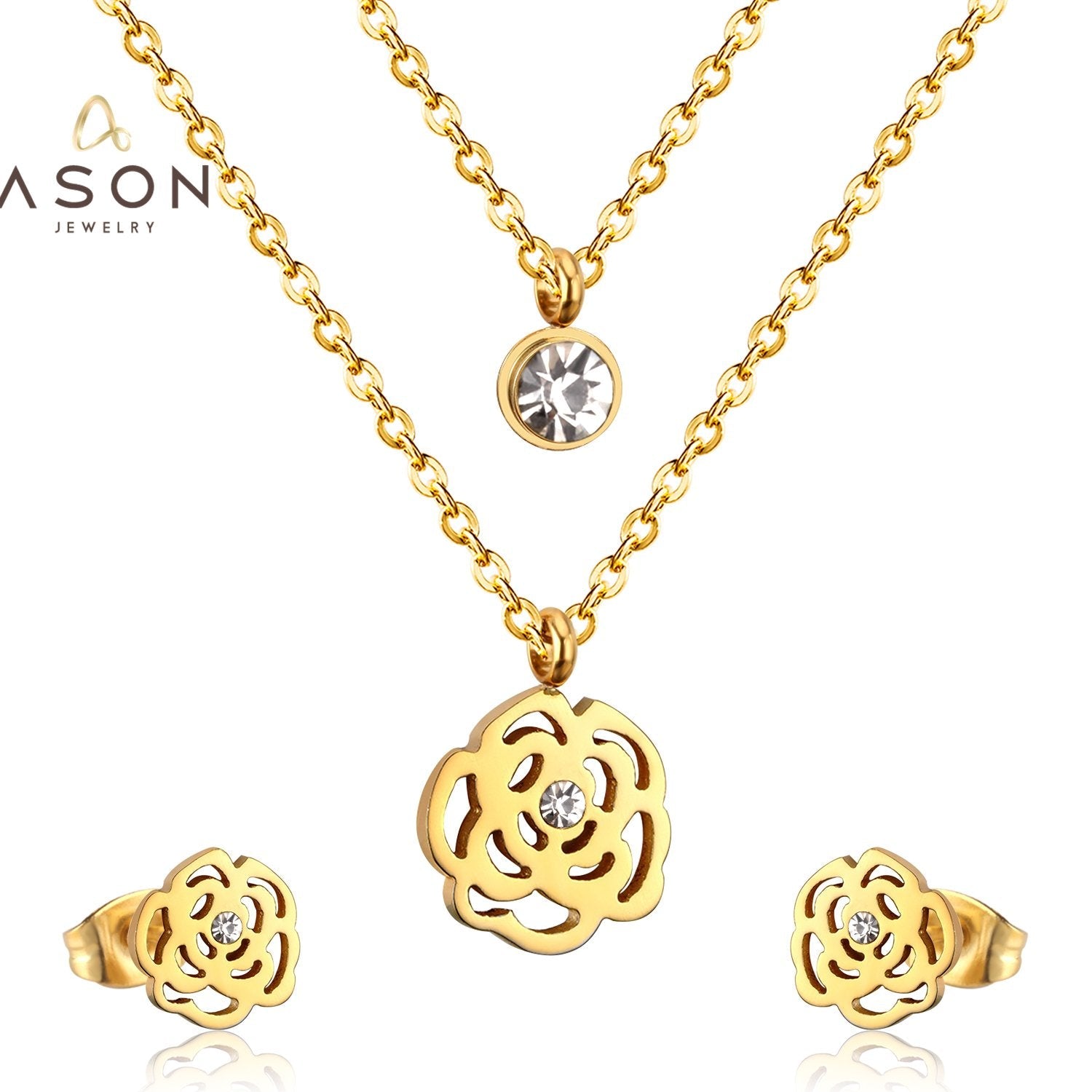 ASON Bridal Hollow Flower Pendant Necklace Small Stud Earrings Jewelry Set Gold Color for Women Stainless Steel For Women asonjewelry